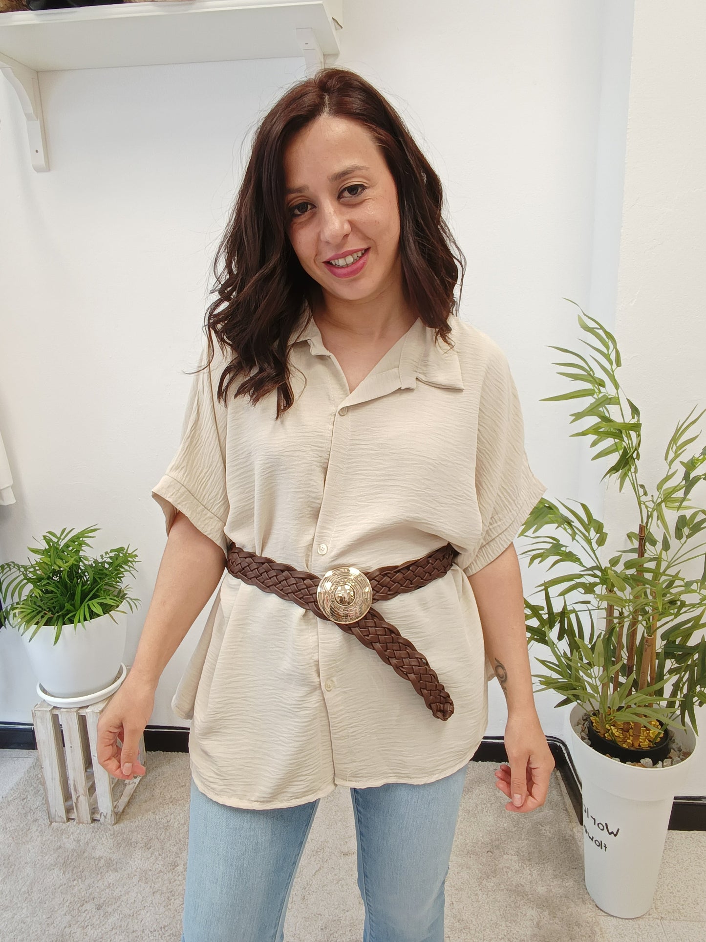 Camisa Manga Corta Beige